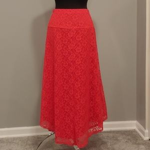 High waisted pink lace maxi skirt